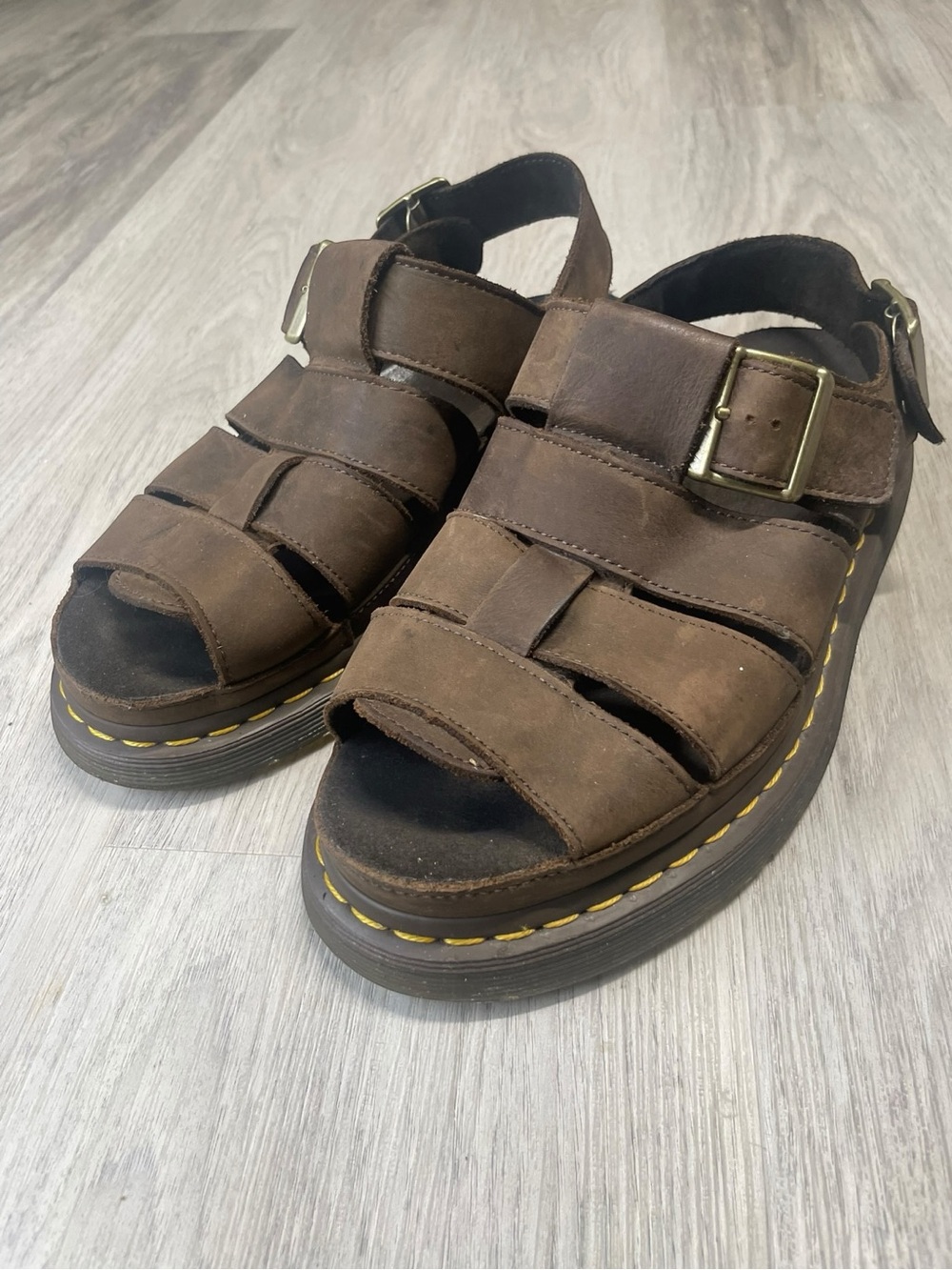 Dr. Martens Brown Leather Fisherman Sandals with Buckle and Yellow Stitching